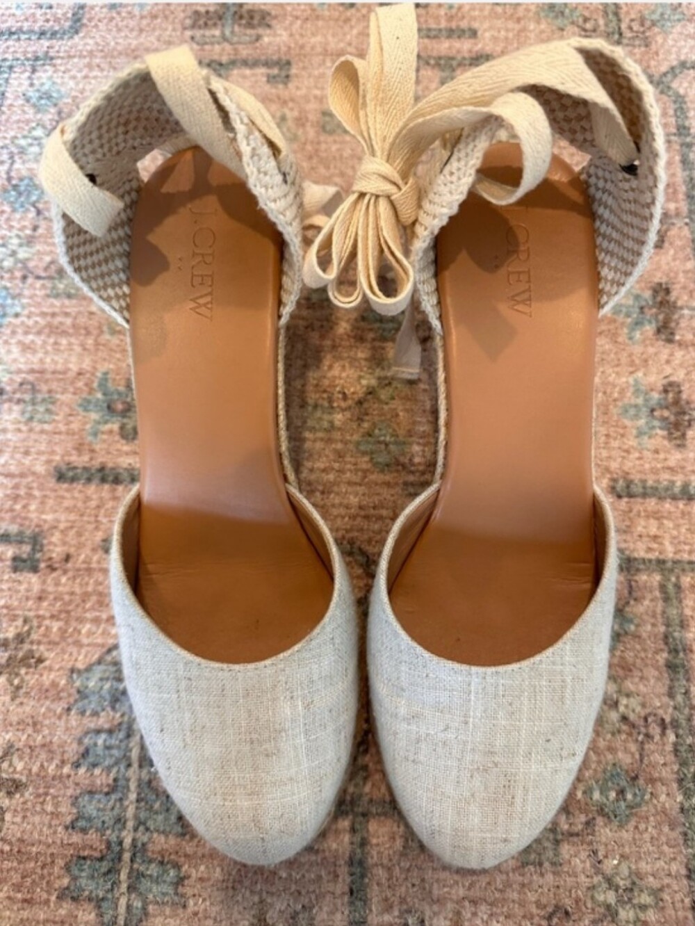 J. Crew Beige Linen Espadrille Ankle-Tie Wedges